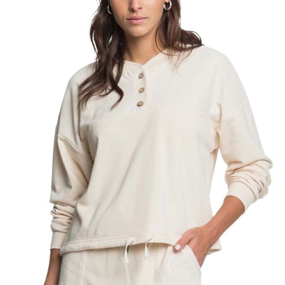 NWT ROXY Riding The Tides Natural Button Terry Sweatshirt Top Medium - Picture 2 of 6